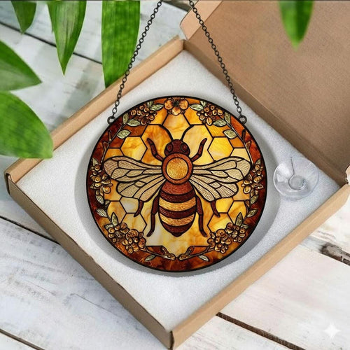 Bee Stained Glass Suncatcher – Honeycomb Window Hanging Art, Nature-Inspired Decor, Garden Lover Gift, Mother’s Day Present