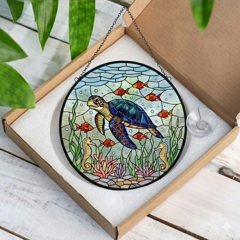 Floral Turtle Stained Glass Suncatcher, Sea Turtle and Flowers Window Hanging, Turtle Lovers Gift, Ocean Animal Lover Home Decoration