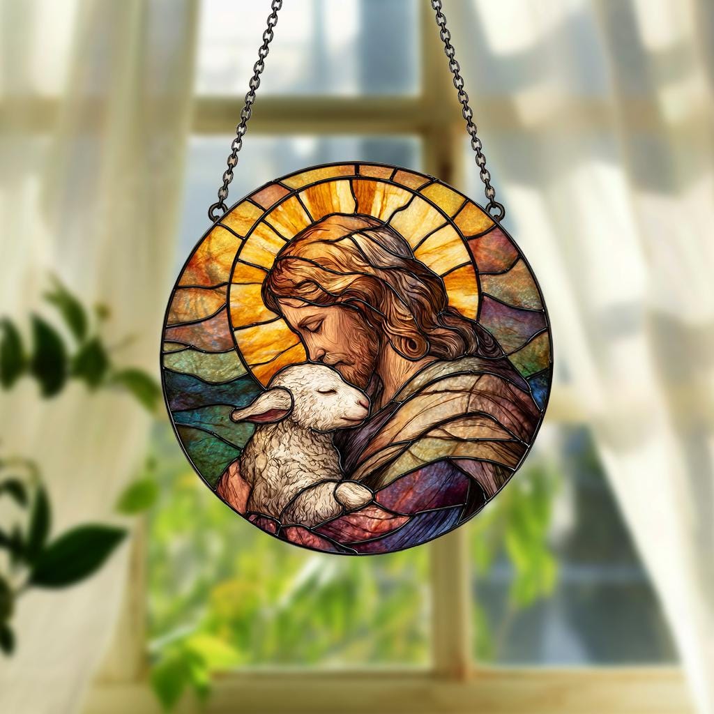 Jesus Holding Lamb Painted Stained Glass Suncatcher, Window Hanging Decor, Christian Wall Decor, Faith Art, Christmas Decor, Jesus Wall Art
