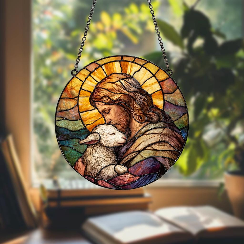 Jesus Holding Lamb Painted Stained Glass Suncatcher, Window Hanging Decor, Christian Wall Decor, Faith Art, Christmas Decor, Jesus Wall Art