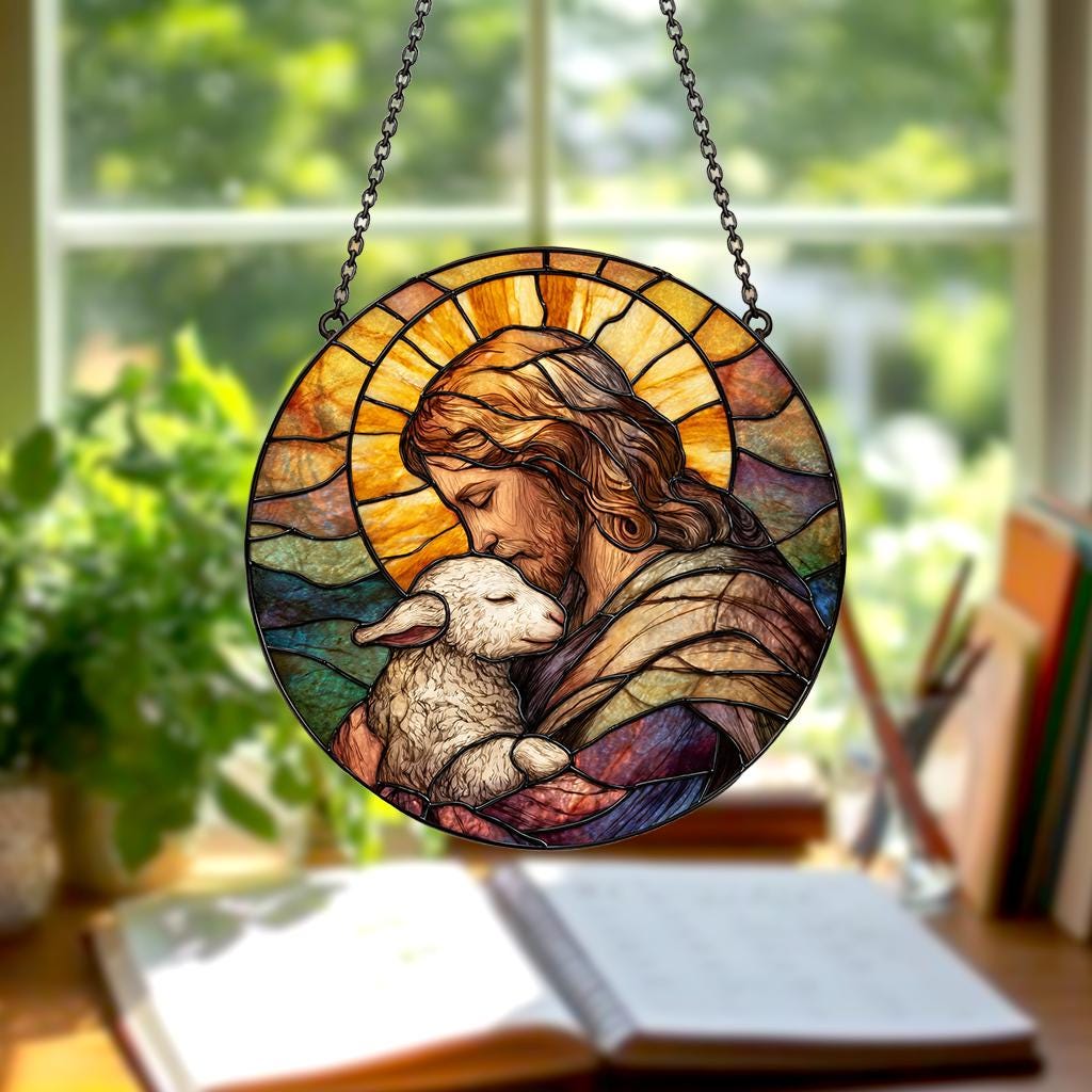 Jesus Holding Lamb Painted Stained Glass Suncatcher, Window Hanging Decor, Christian Wall Decor, Faith Art, Christmas Decor, Jesus Wall Art