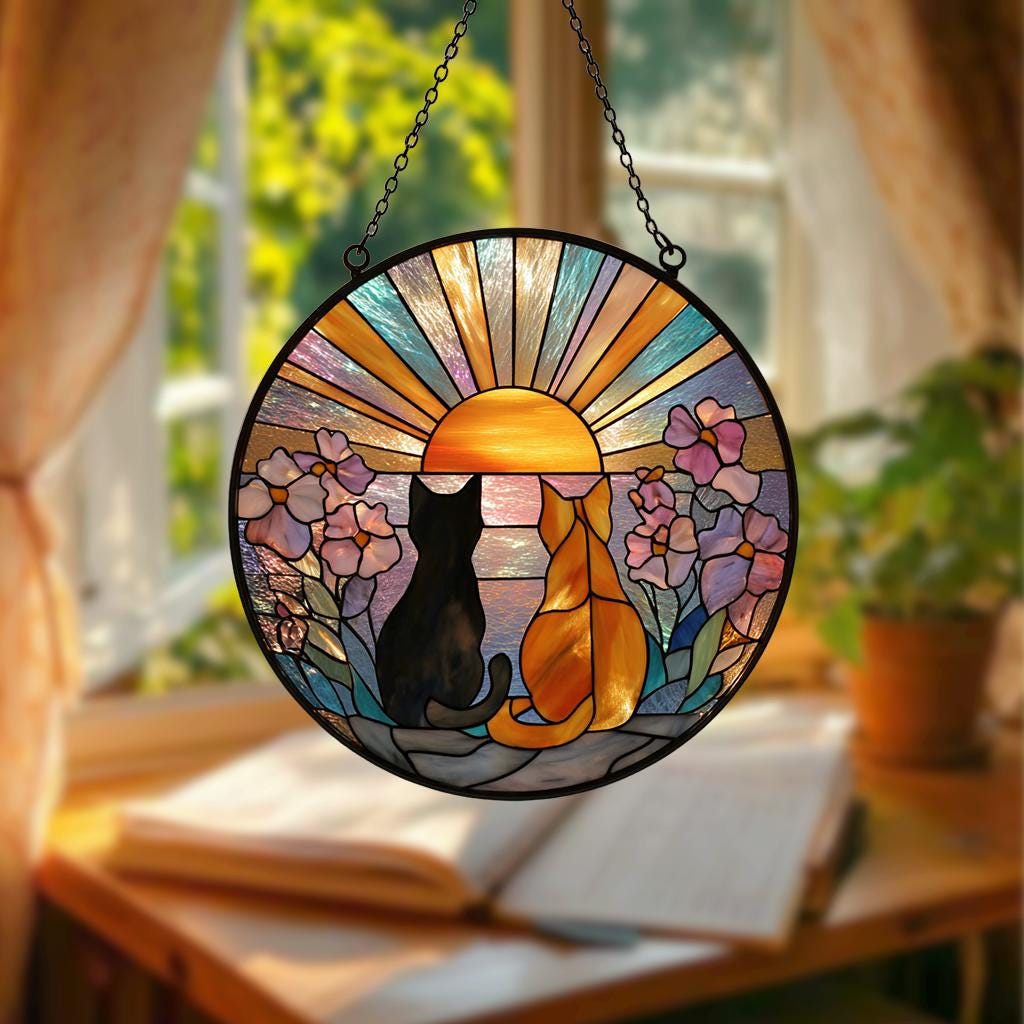 Cat Couple Stained Glass Suncatcher – Black and Orange Cats Window Hanging, Garden Decor, Gift for Cat Lovers