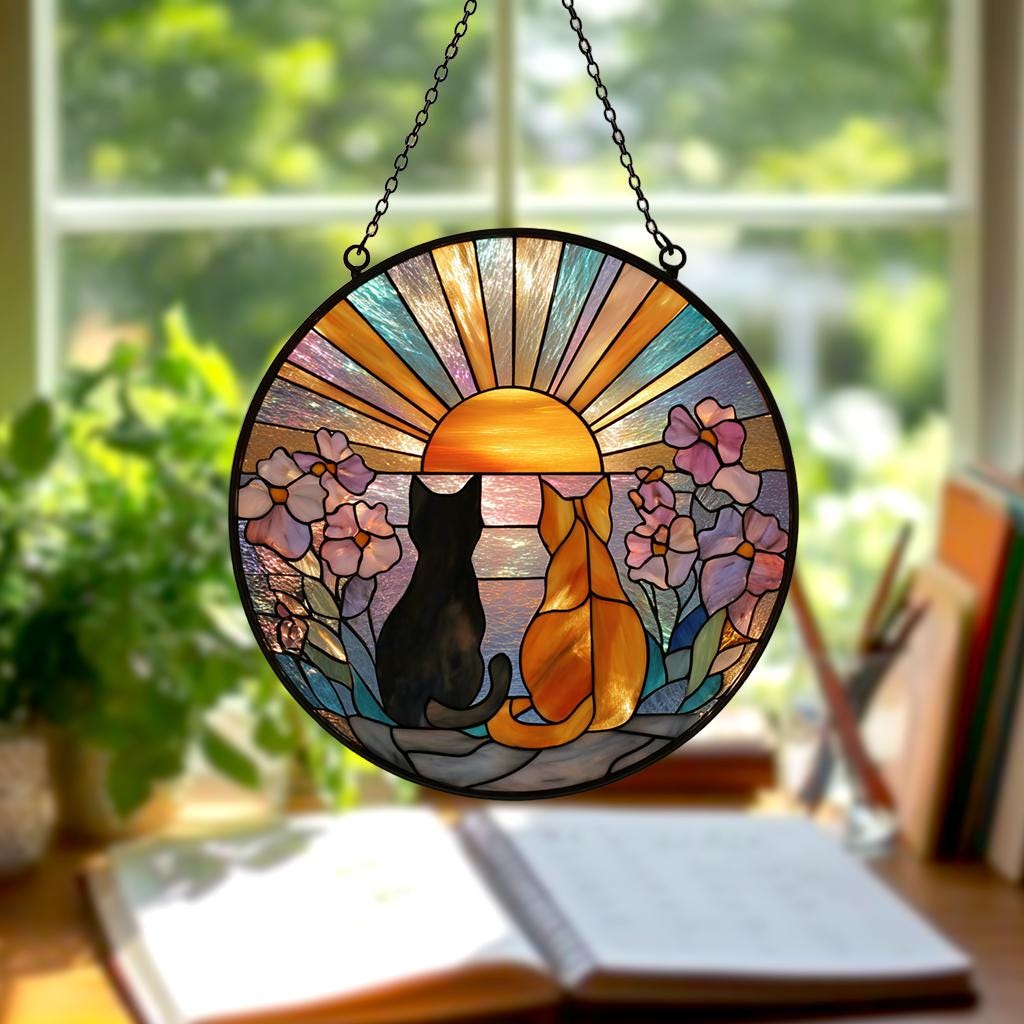 Cat Couple Stained Glass Suncatcher – Black and Orange Cats Window Hanging, Garden Decor, Gift for Cat Lovers