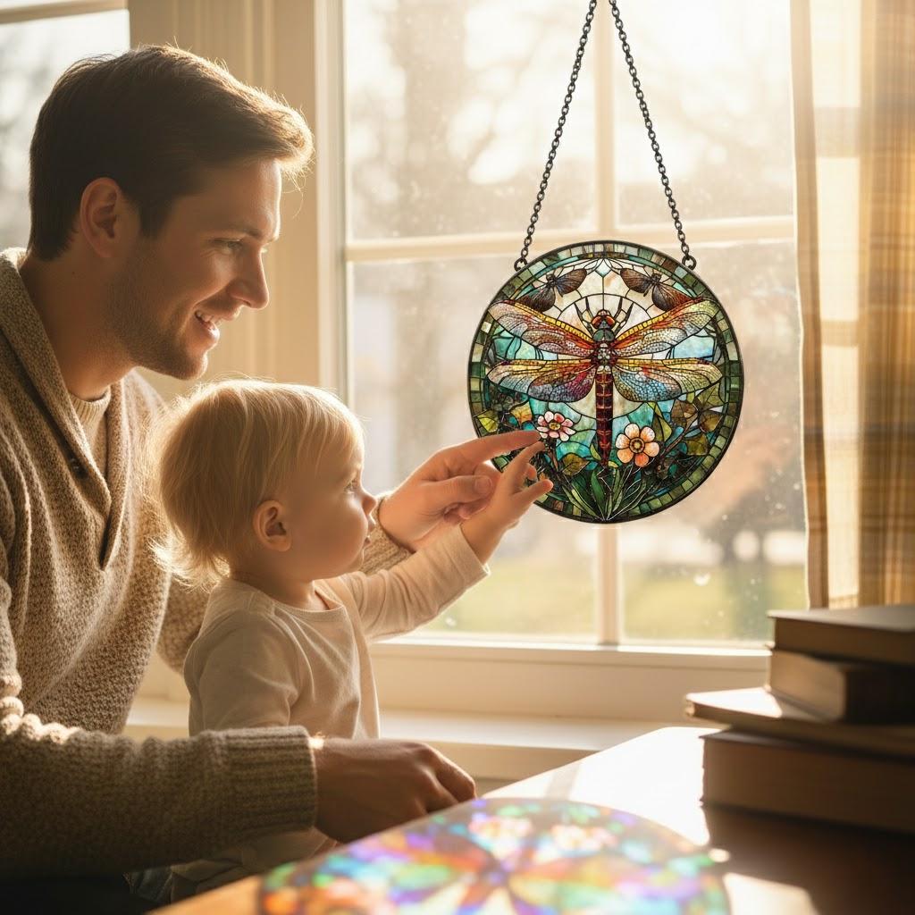 Dragonfly Memory Stained Glass Suncatcher – Floral Dragonflies Window Hanging, Memorial Gift for Nature Lovers