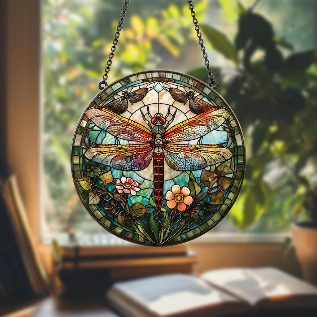Dragonfly Memory Stained Glass Suncatcher – Floral Dragonflies Window Hanging, Memorial Gift for Nature Lovers