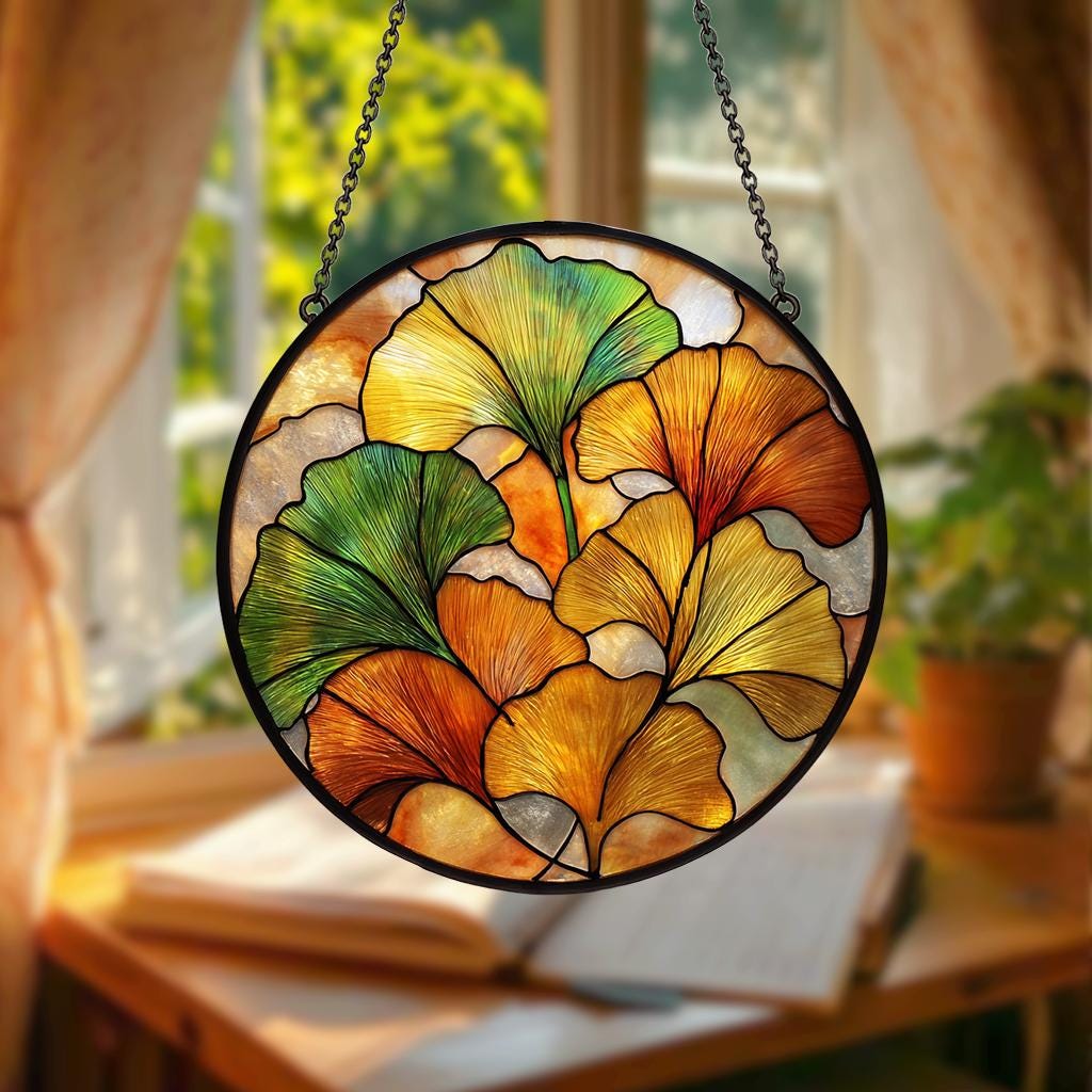 Ginkgo Leaf Stained Glass Suncatcher, Yellow Ginkgo Window Hanging Art, Autumn Garden Boho decor Gift for Plant Lover
