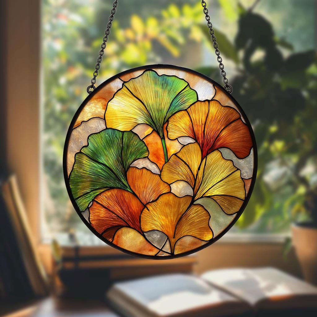 Ginkgo Leaf Stained Glass Suncatcher, Yellow Ginkgo Window Hanging Art, Autumn Garden Boho decor Gift for Plant Lover