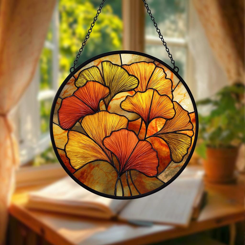Autumn Ginkgo Stained Glass Suncatcher – Yellow & Green Leaf Window Decor, Botanical Boho Hanging Art, Gift for Plant Lovers