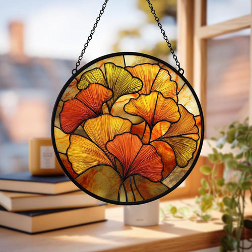 Autumn Ginkgo Stained Glass Suncatcher – Yellow & Green Leaf Window Decor, Botanical Boho Hanging Art, Gift for Plant Lovers