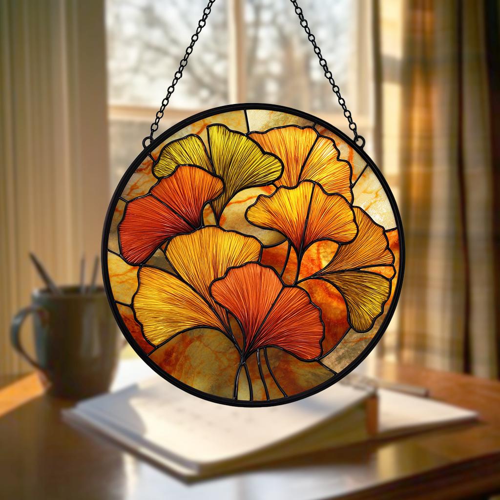 Autumn Ginkgo Stained Glass Suncatcher – Yellow & Green Leaf Window Decor, Botanical Boho Hanging Art, Gift for Plant Lovers