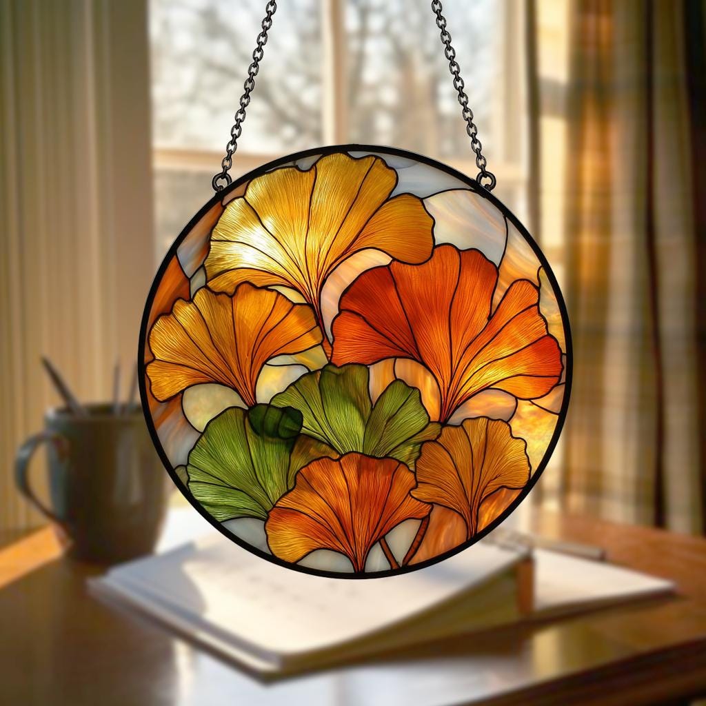 Ginkgo Leaf Suncatcher – Yellow Stained Glass Window Hanging, Boho Botanical Decor