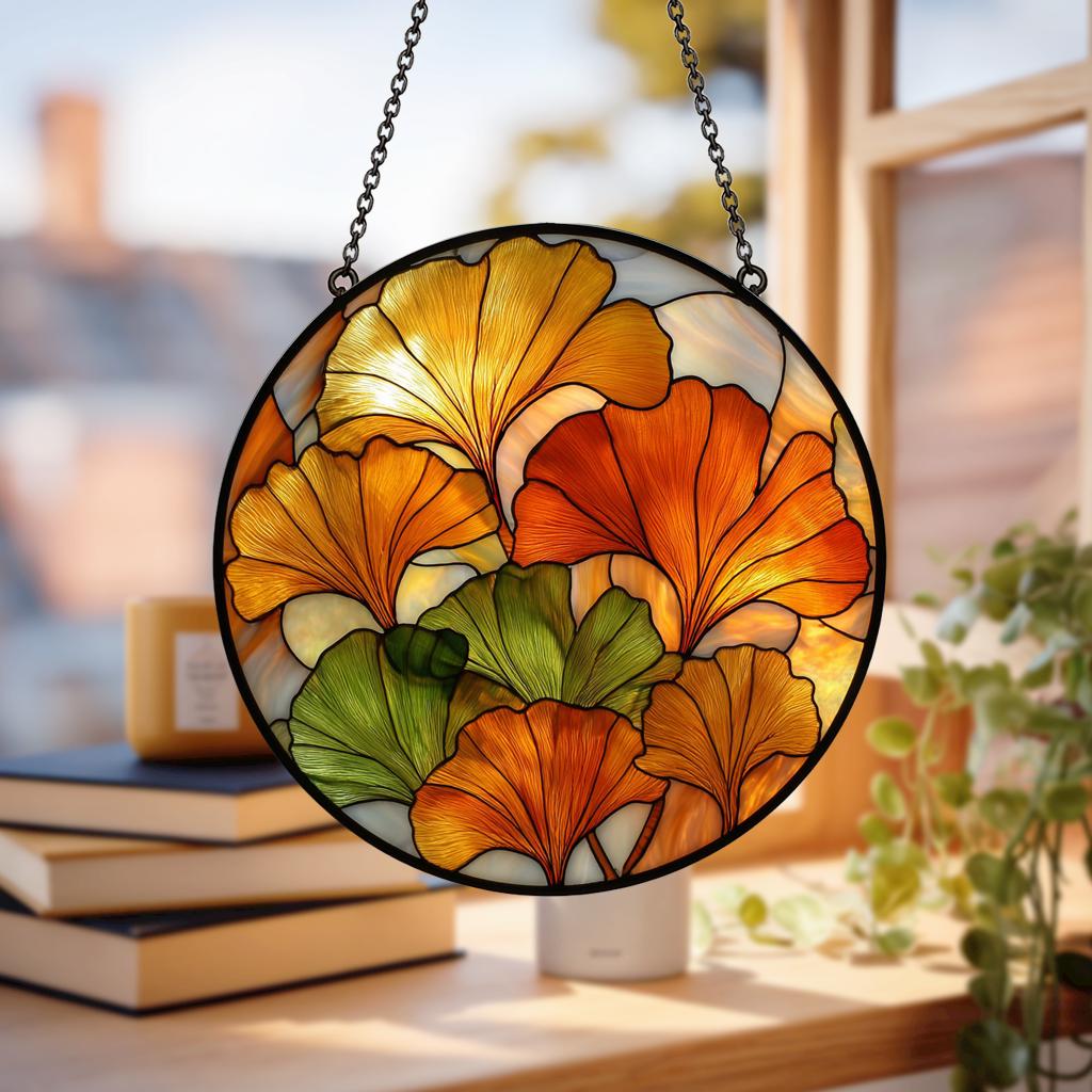Ginkgo Leaf Suncatcher – Yellow Stained Glass Window Hanging, Boho Botanical Decor