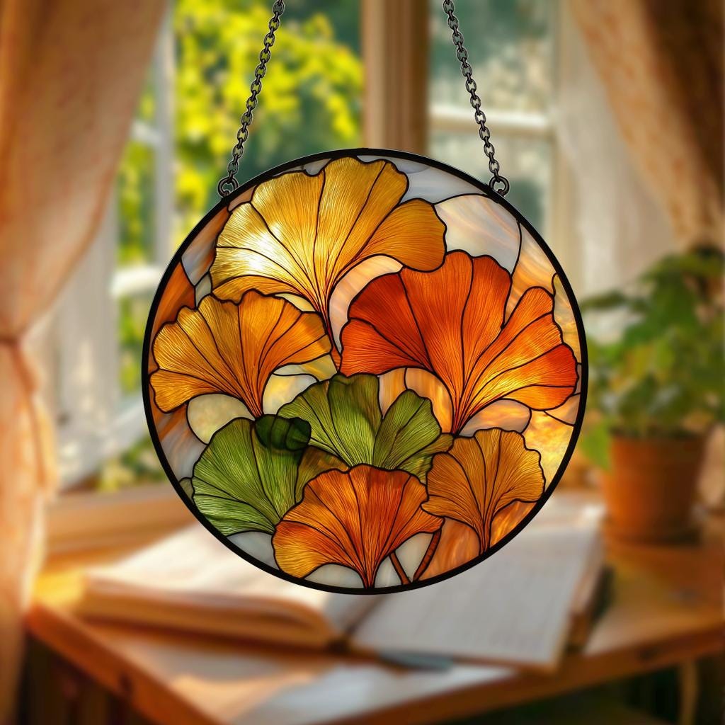 Ginkgo Leaf Suncatcher – Yellow Stained Glass Window Hanging, Boho Botanical Decor
