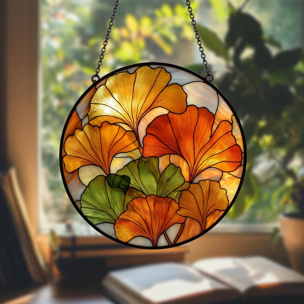 Ginkgo Leaf Suncatcher – Yellow Stained Glass Window Hanging, Boho Botanical Decor