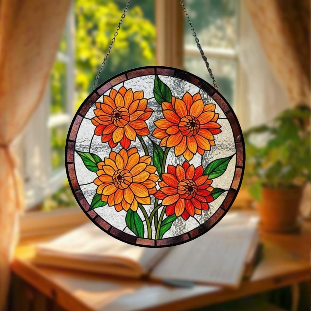 Dahlia Orange Flower Stained Glass Suncatcher – Floral Window Hanging Art, Bright Garden Decor, Gift for Flower Lovers