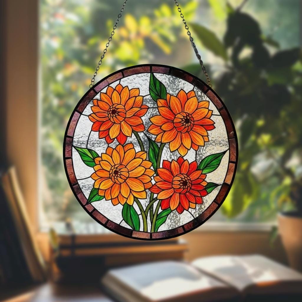 Dahlia Orange Flower Stained Glass Suncatcher – Floral Window Hanging Art, Bright Garden Decor, Gift for Flower Lovers