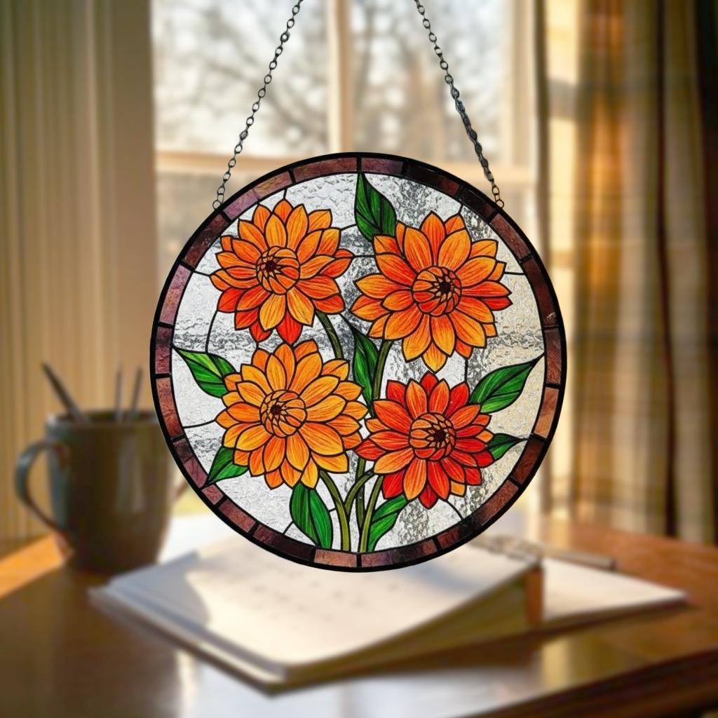 Dahlia Orange Flower Stained Glass Suncatcher – Floral Window Hanging Art, Bright Garden Decor, Gift for Flower Lovers