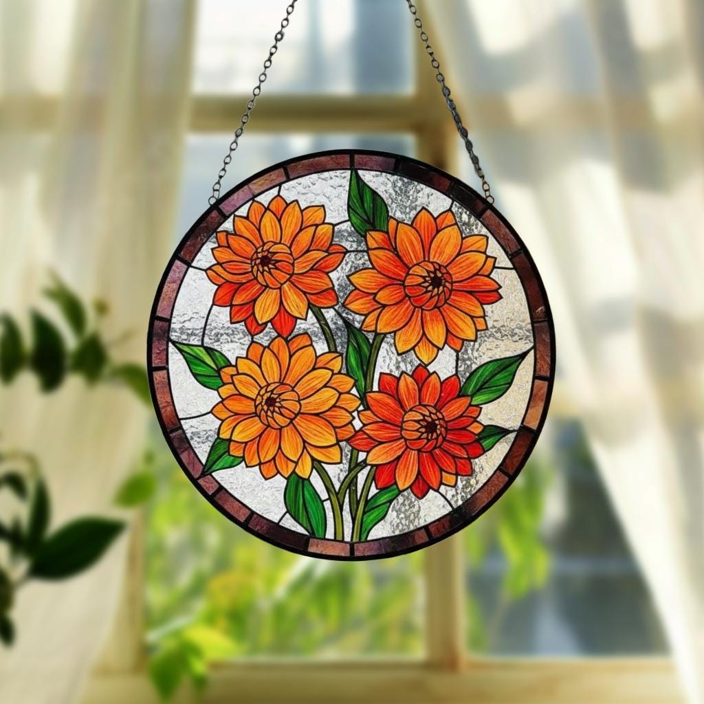 Dahlia Orange Flower Stained Glass Suncatcher – Floral Window Hanging Art, Bright Garden Decor, Gift for Flower Lovers