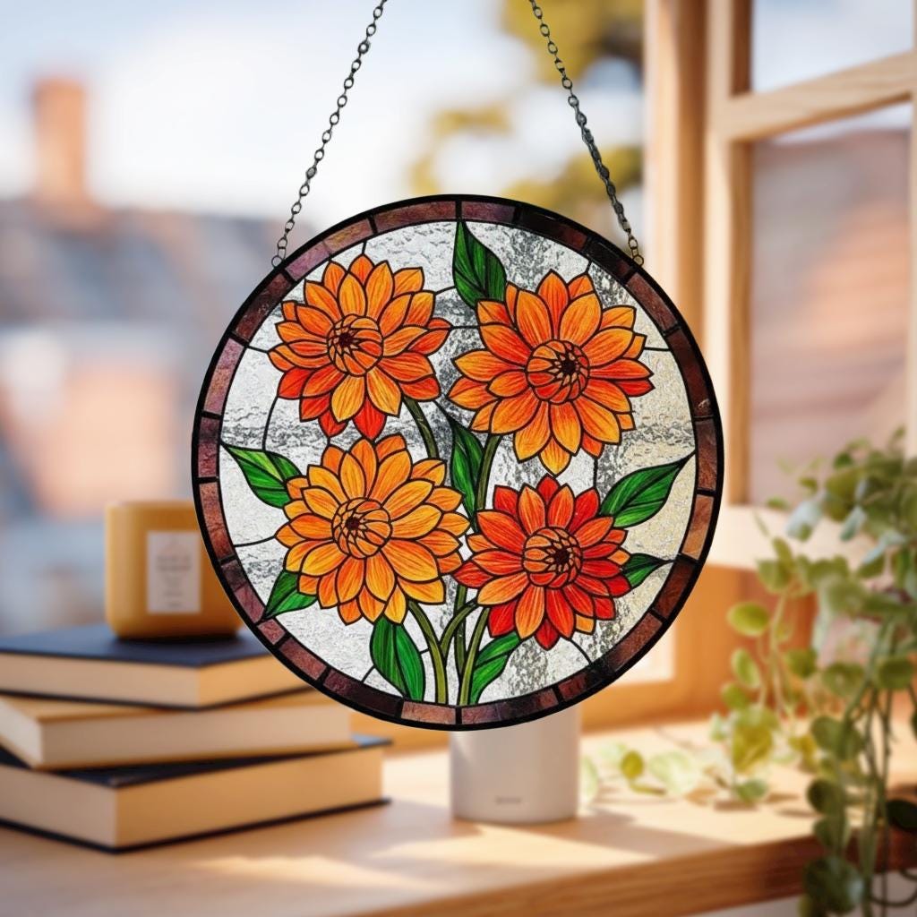 Dahlia Orange Flower Stained Glass Suncatcher – Floral Window Hanging Art, Bright Garden Decor, Gift for Flower Lovers