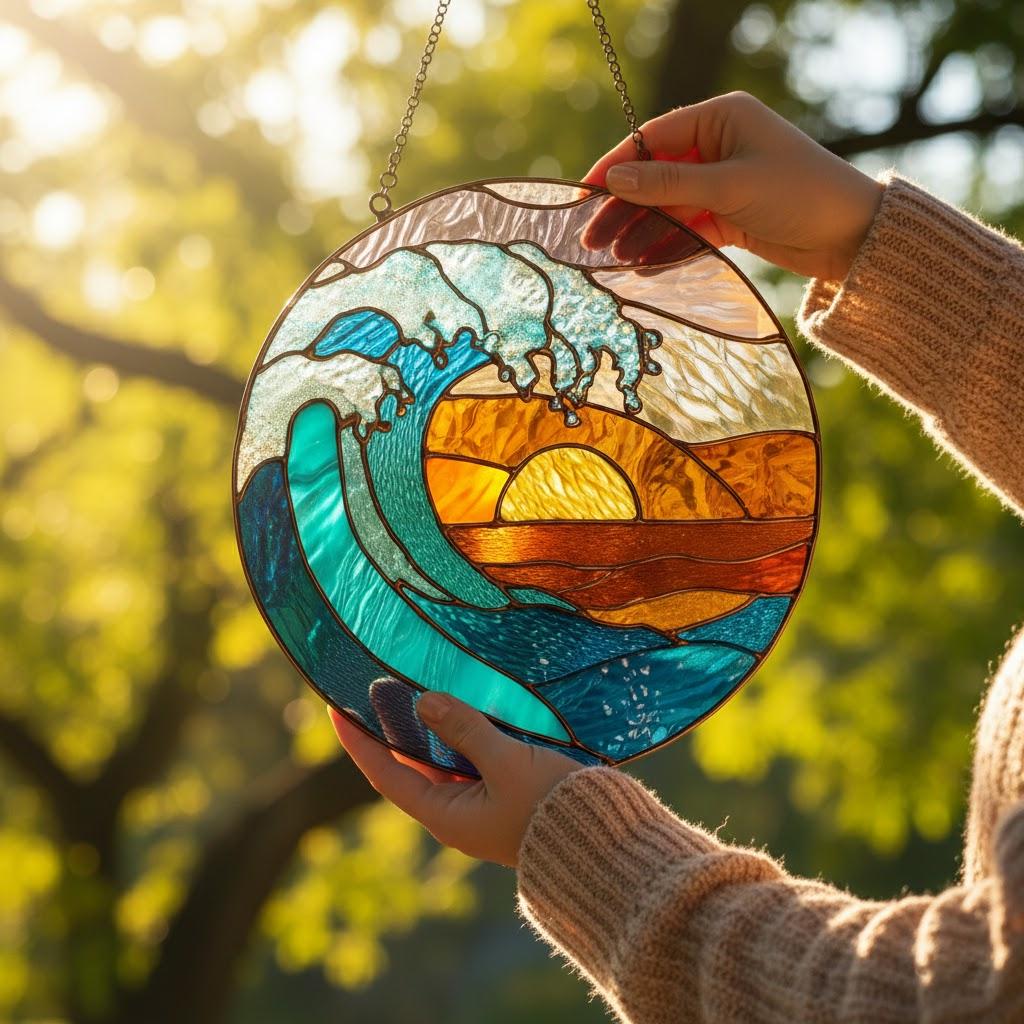 Ocean Wave Stained Glass Suncatcher，Beach Coastal Glass Suncatcher Handmade，Beach House Window Hanging Ocean Suncatcher Gift