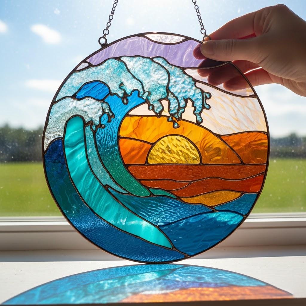 Ocean Wave Stained Glass Suncatcher，Beach Coastal Glass Suncatcher Handmade，Beach House Window Hanging Ocean Suncatcher Gift