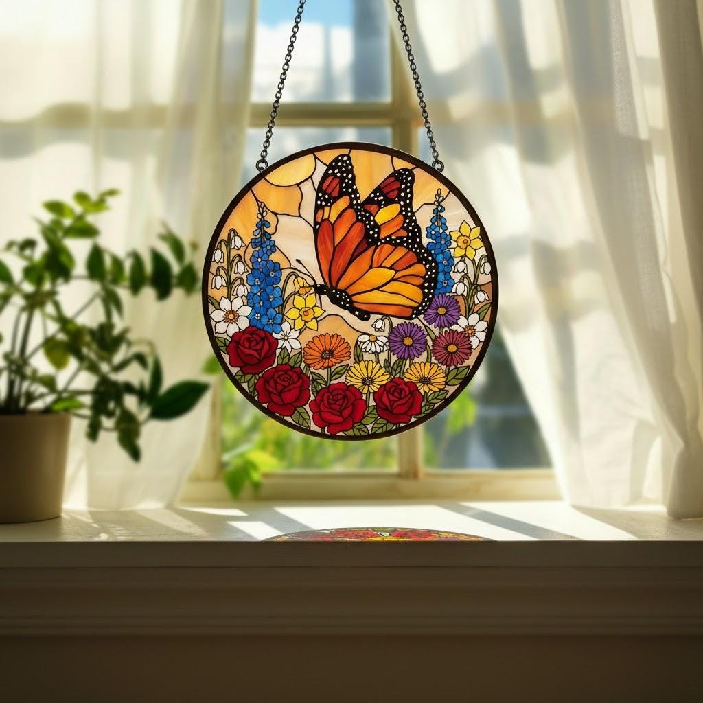 Wildflower Butterfly Stained Glass Suncatcher for Window Hanging Wall Decor Art Gift for Butterfly Lovers Flower Ornament Holiday Gift