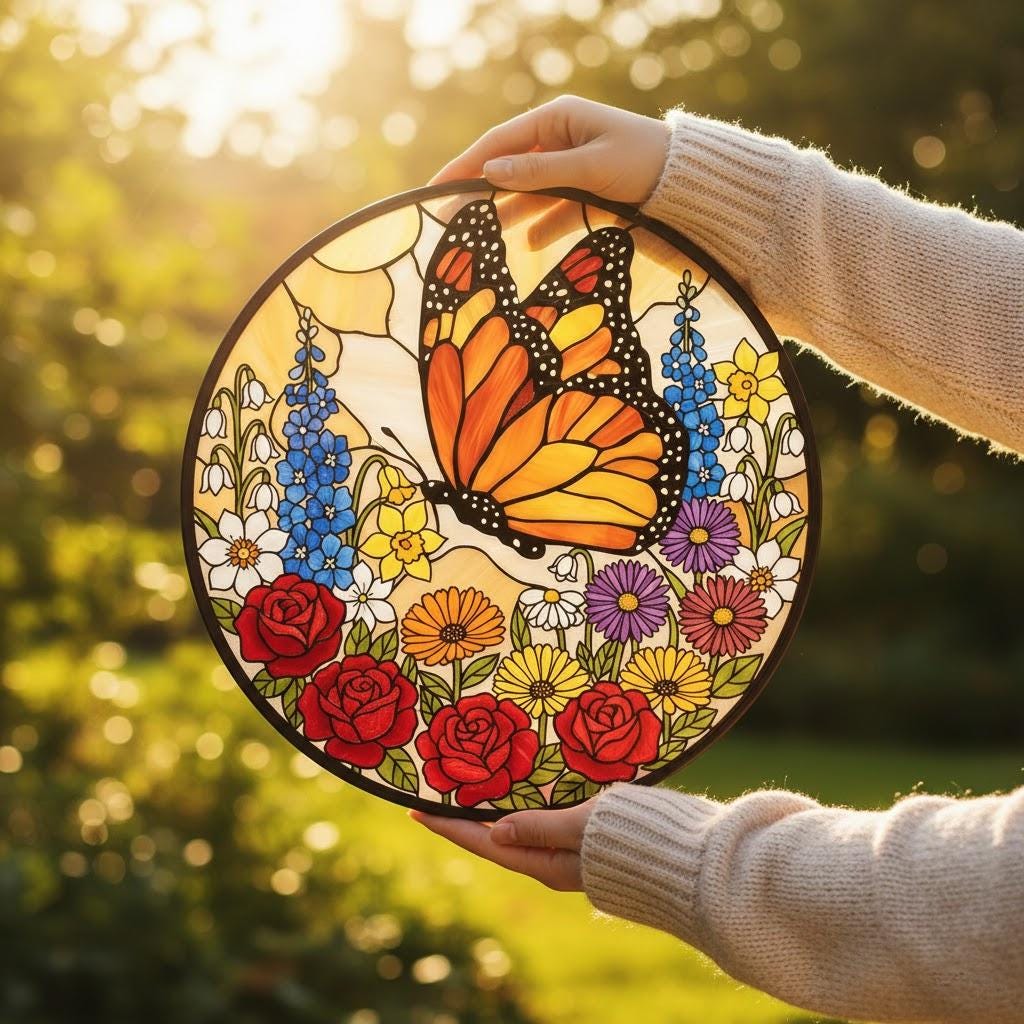 Wildflower Butterfly Stained Glass Suncatcher for Window Hanging Wall Decor Art Gift for Butterfly Lovers Flower Ornament Holiday Gift