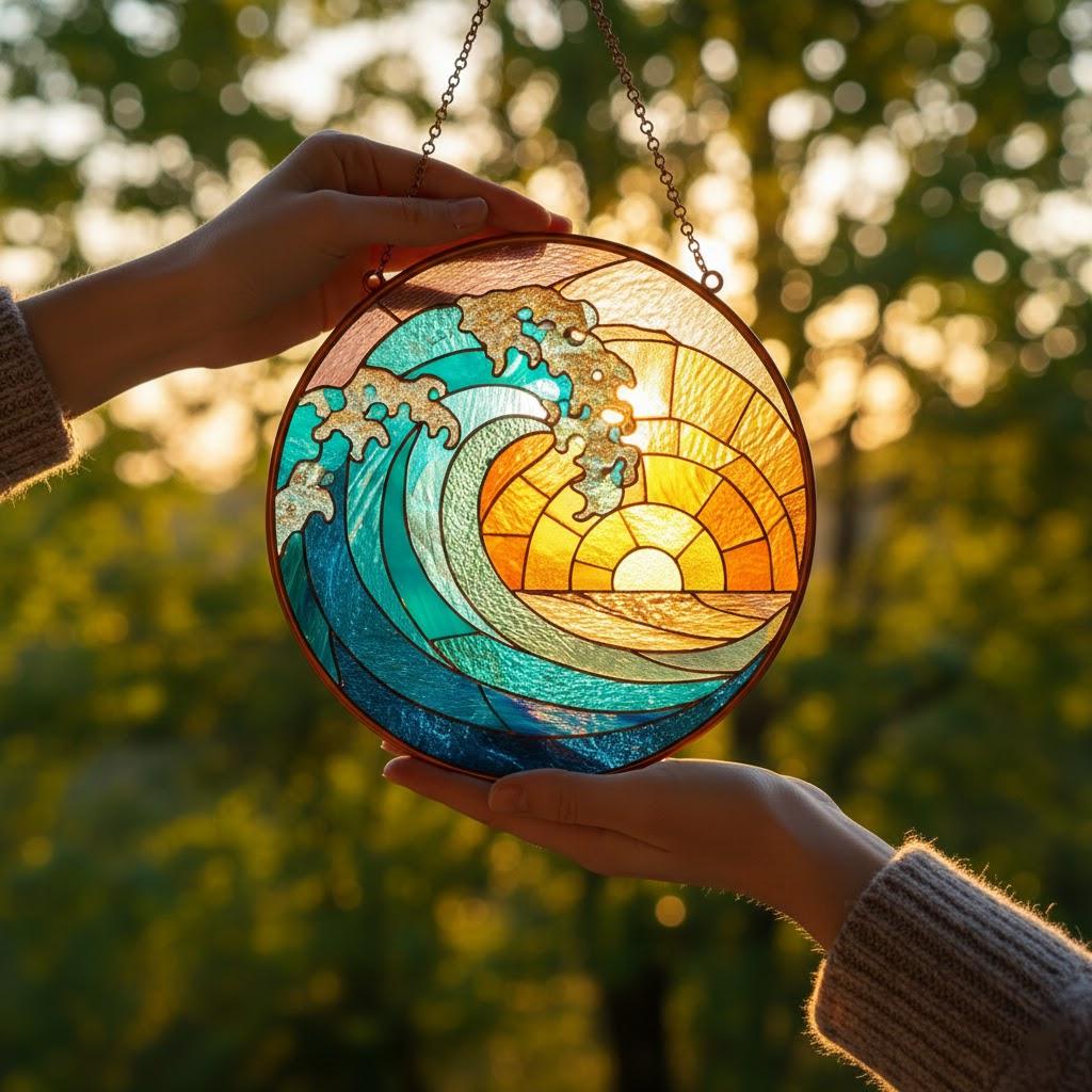 Ocean Wave Stained Glass Suncatcher, Beach Coastal Window Hanging, Handmade Ocean Decor, Beach House Gift