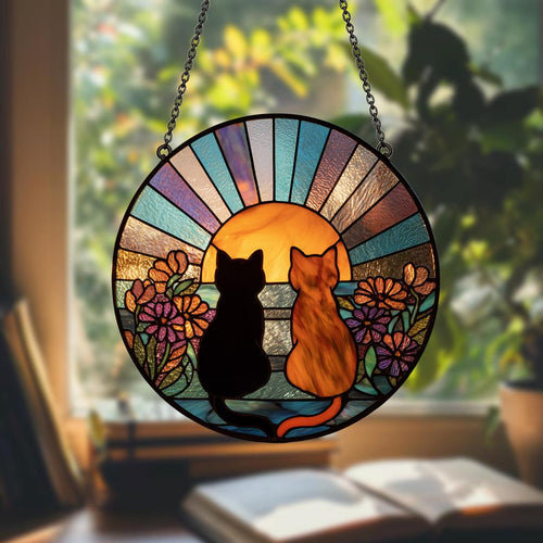 Charming Black Orange Cat Couple Garden Suncatcher Stained Glass Window Hanging Glass Ornament Mom Gift
