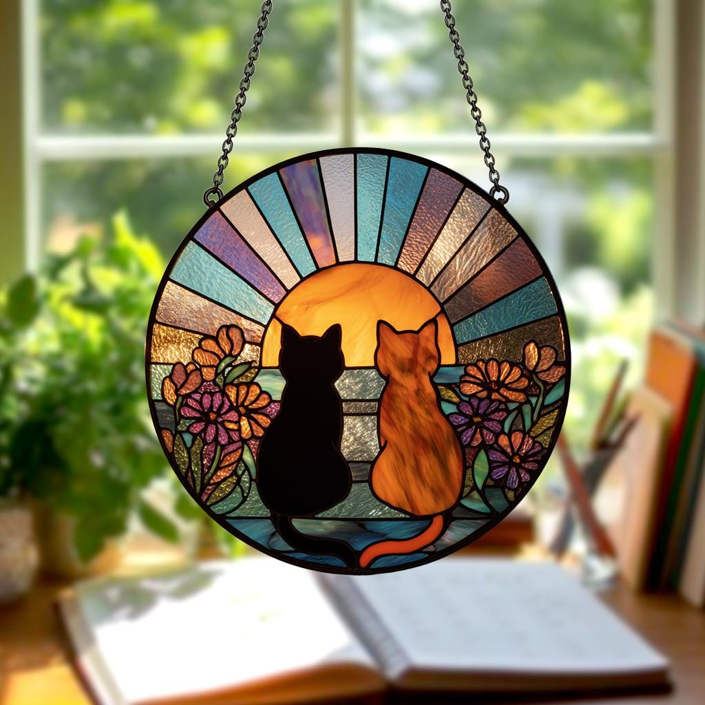 Charming Black Orange Cat Couple Garden Suncatcher Stained Glass Window Hanging Glass Ornament Mom Gift