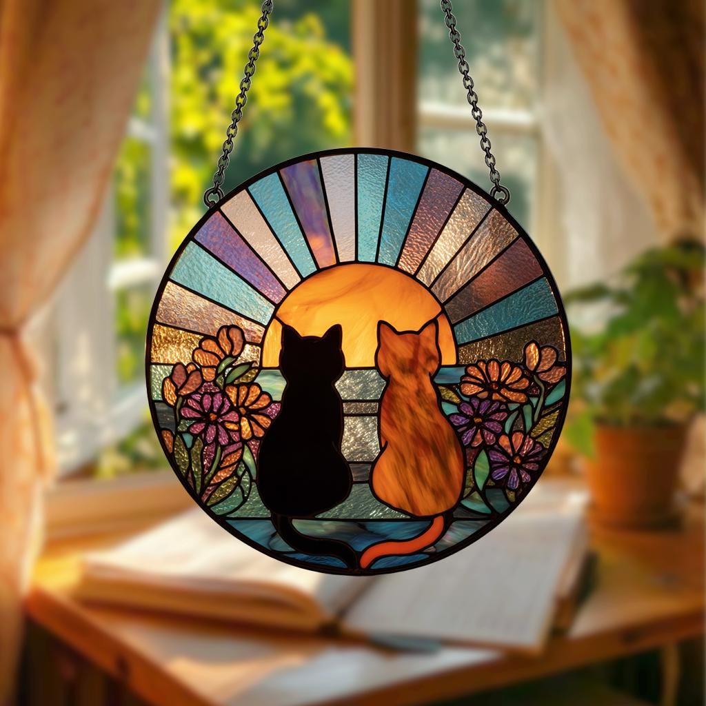 Charming Black Orange Cat Couple Garden Suncatcher Stained Glass Window Hanging Glass Ornament Mom Gift
