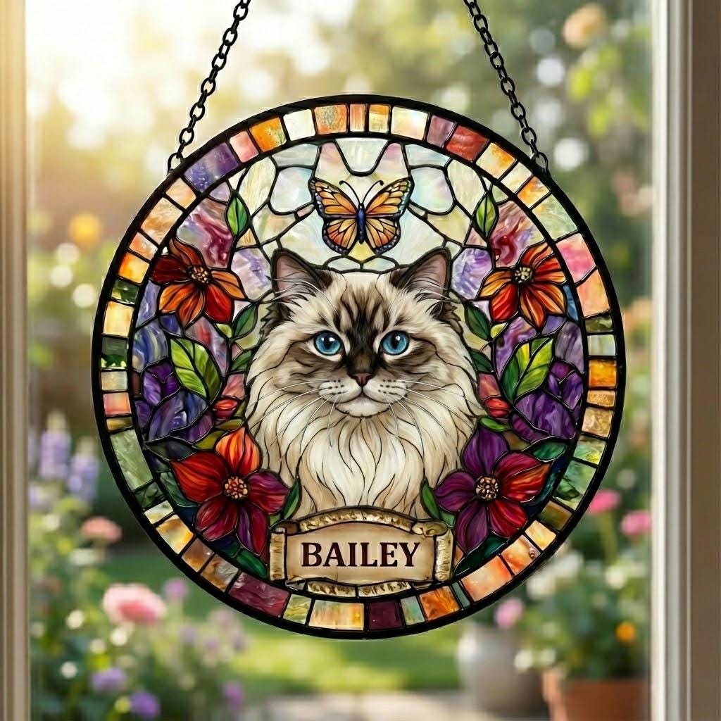 Personalized Cat Portrait Stained Glass Suncatcher, Custom Pet Memorial Stained Glass Photo Suncatcher, Dog Loss Keepsake, Pet Loss Gift
