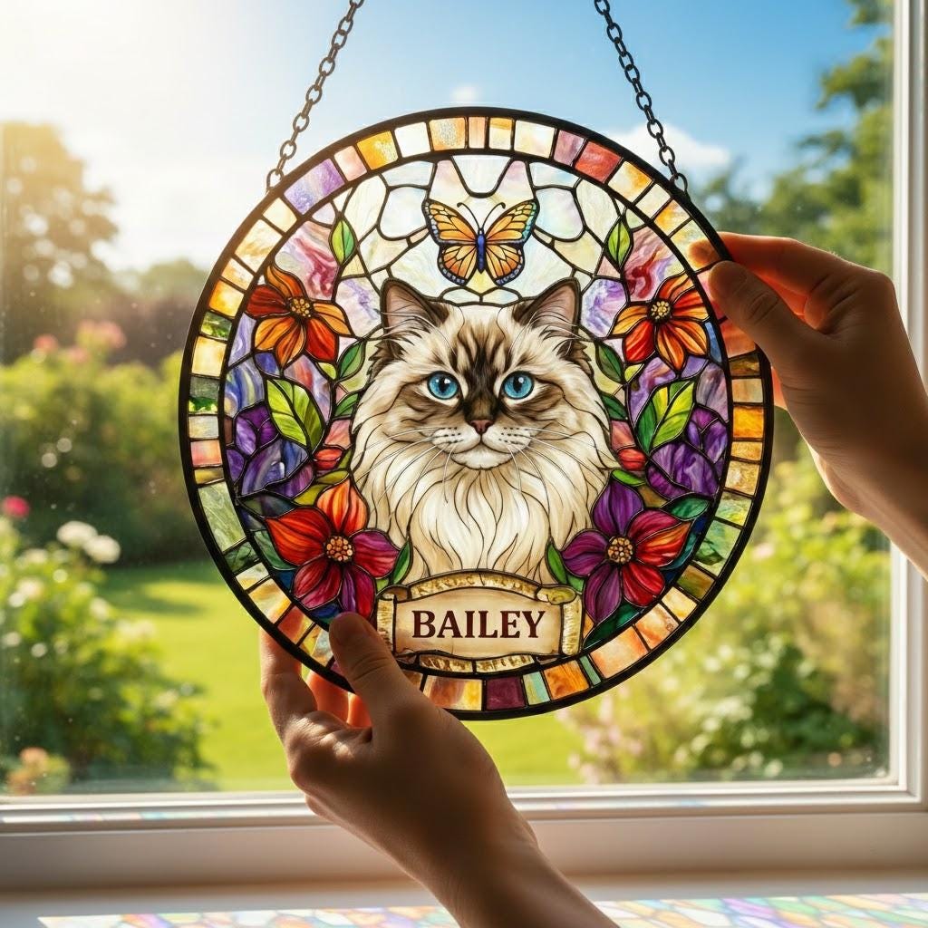 Personalized Cat Portrait Stained Glass Suncatcher, Custom Pet Memorial Stained Glass Photo Suncatcher, Dog Loss Keepsake, Pet Loss Gift