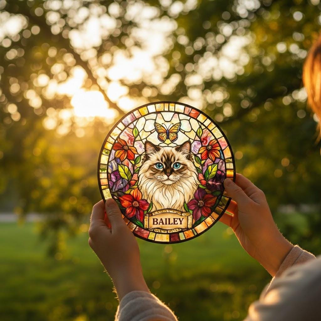 Personalized Cat Portrait Stained Glass Suncatcher, Custom Pet Memorial Stained Glass Photo Suncatcher, Dog Loss Keepsake, Pet Loss Gift