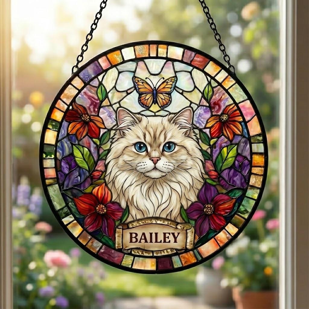 Personalized Cat Portrait Stained Glass Suncatcher, Custom Pet Memorial Stained Glass Photo Suncatcher, Dog Loss Keepsake, Pet Loss Gift