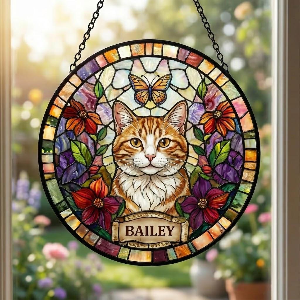 Personalized Cat Portrait Stained Glass Suncatcher, Custom Pet Memorial Stained Glass Photo Suncatcher, Dog Loss Keepsake, Pet Loss Gift