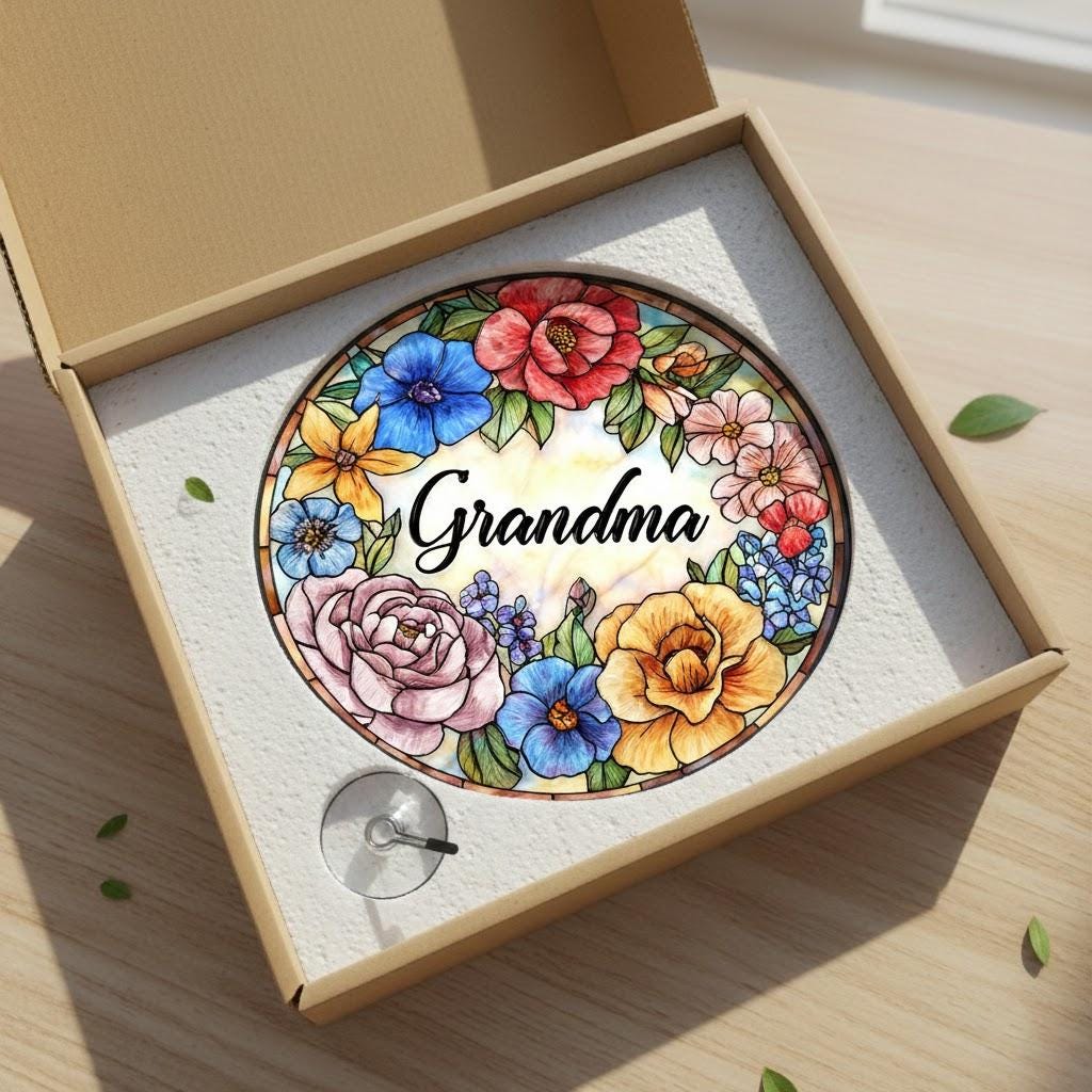 Personalized Grandma Glass Suncatcher, Christmas Gift for Grandma Nana Mimi Gigi Floral Sun Catcher Window Hanging Decor, Grandparents Gift