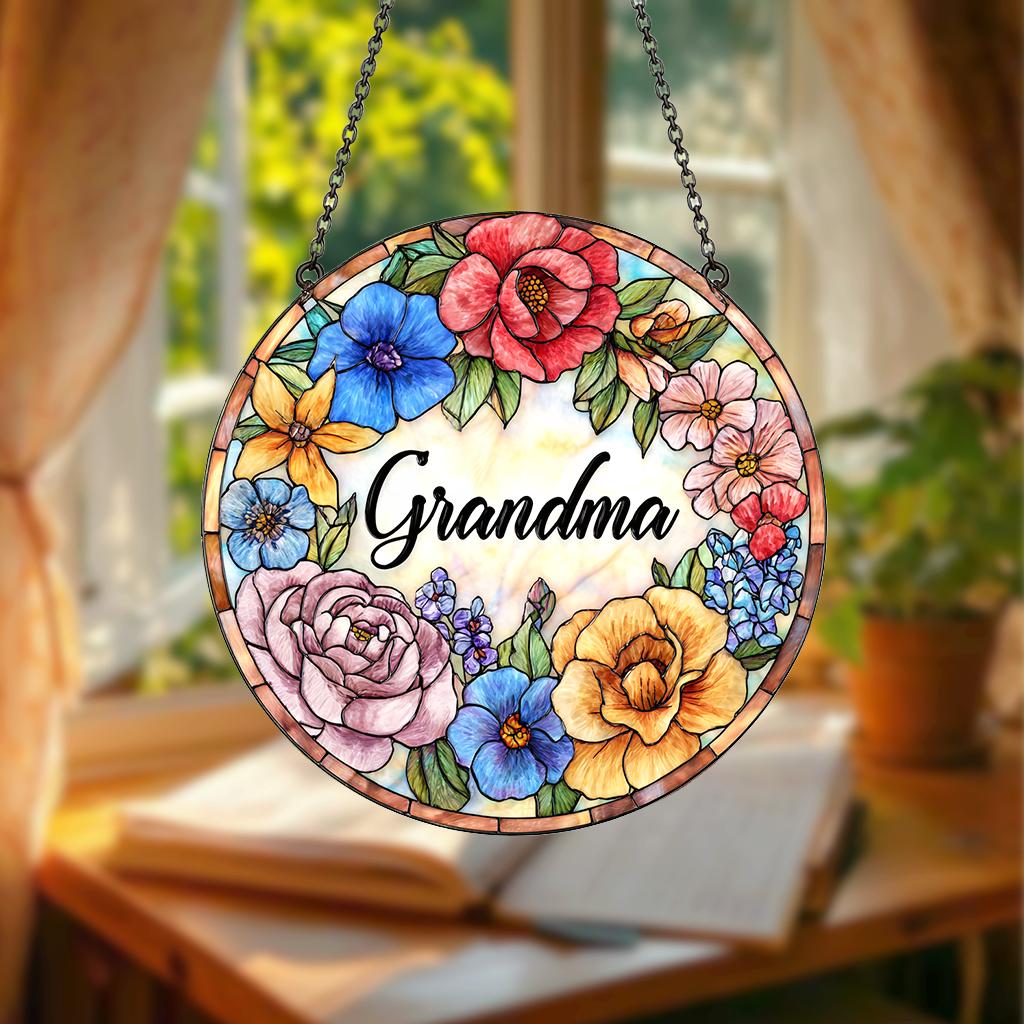 Personalized Grandma Glass Suncatcher, Christmas Gift for Grandma Nana Mimi Gigi Floral Sun Catcher Window Hanging Decor, Grandparents Gift