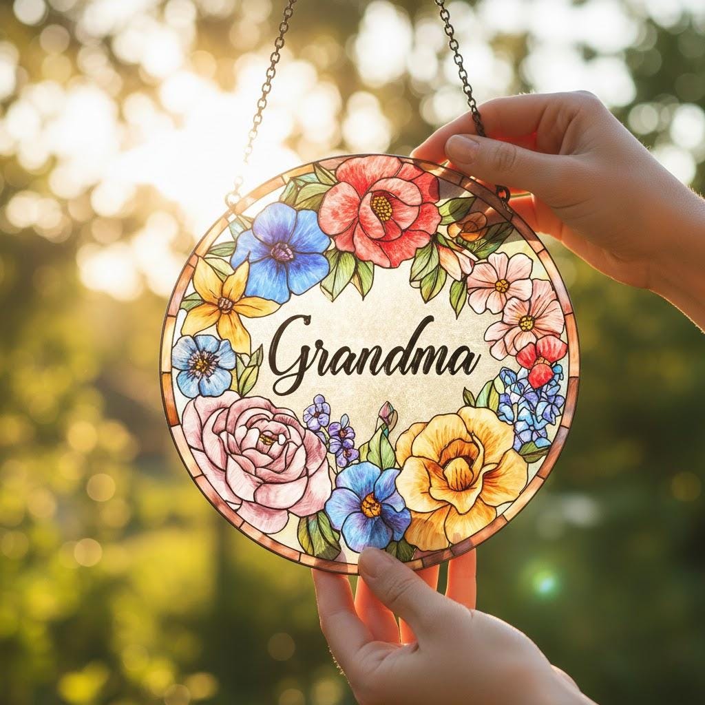 Personalized Grandma Glass Suncatcher, Christmas Gift for Grandma Nana Mimi Gigi Floral Sun Catcher Window Hanging Decor, Grandparents Gift