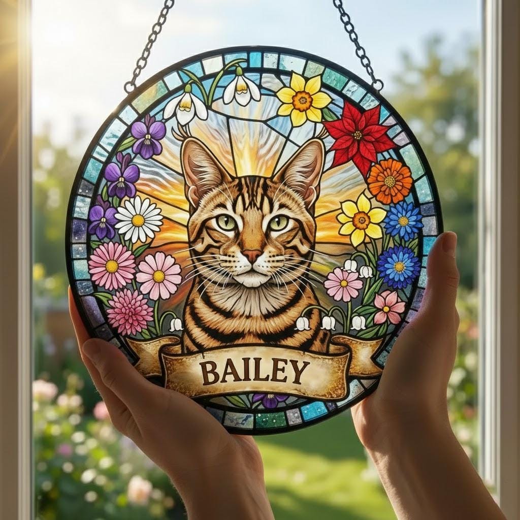Personalized Cat Portrait Stained Glass Suncatcher, Custom Pet Memorial Window Hanging, Cat Loss Keepsake Gift