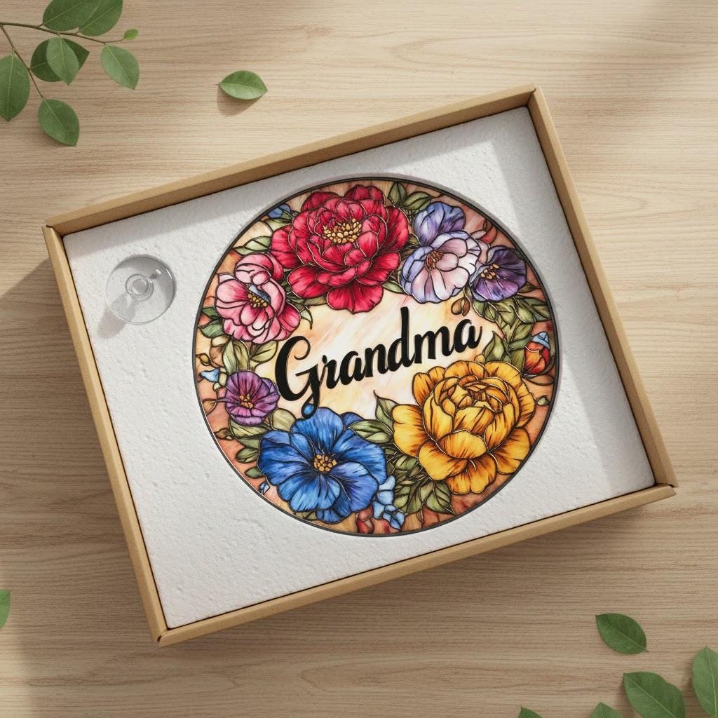 Floral Glass Suncatcher for Gigi, Grandma Mimi Nana Floral Window Decor Gift, Christmas Gift for Loved One, Grandparents Day Gift Xmas