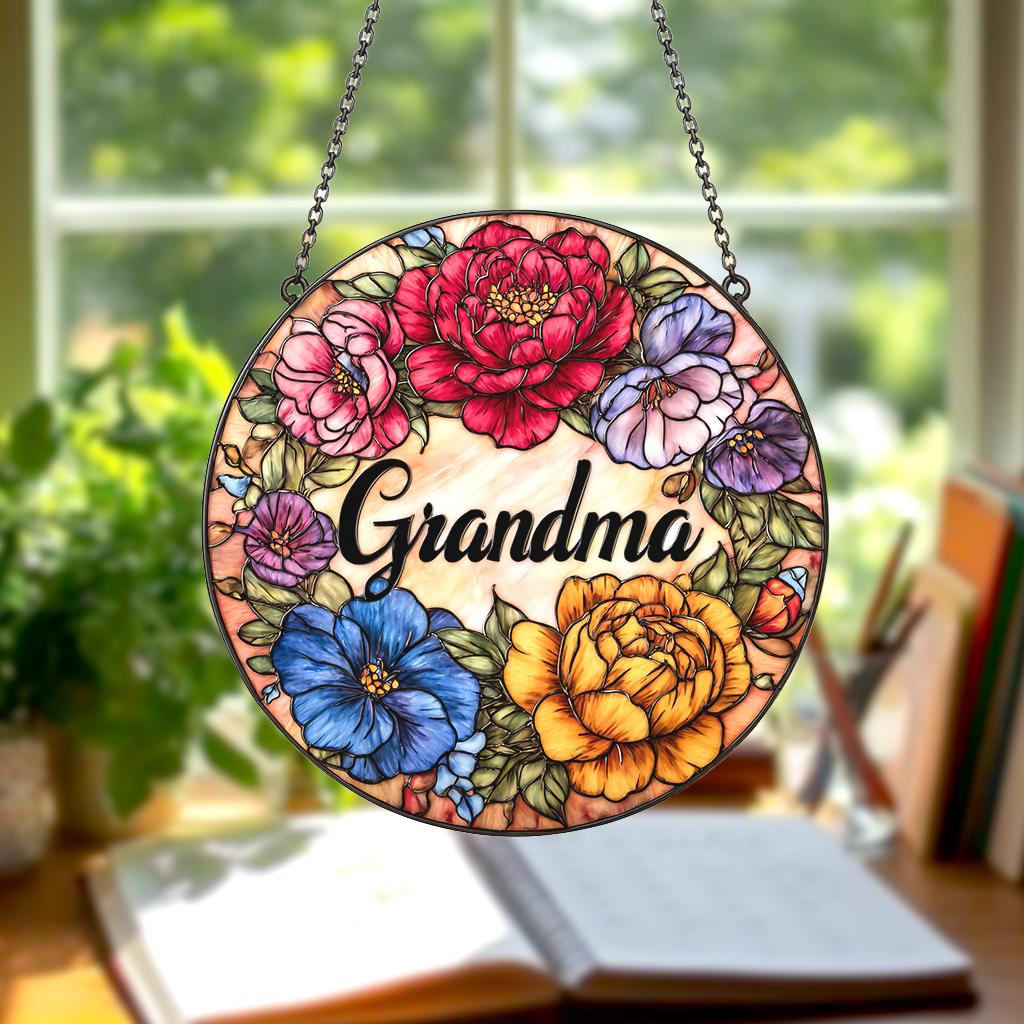 Floral Glass Suncatcher for Gigi, Grandma Mimi Nana Floral Window Decor Gift, Christmas Gift for Loved One, Grandparents Day Gift Xmas