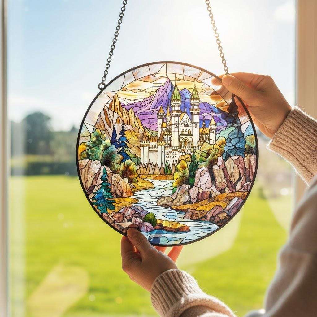 Wizard School Castle Acrylic Faux Stained Glass Suncatcher, Magical Castle Window Hanging for Fantasy Witchy & Movie Lovers