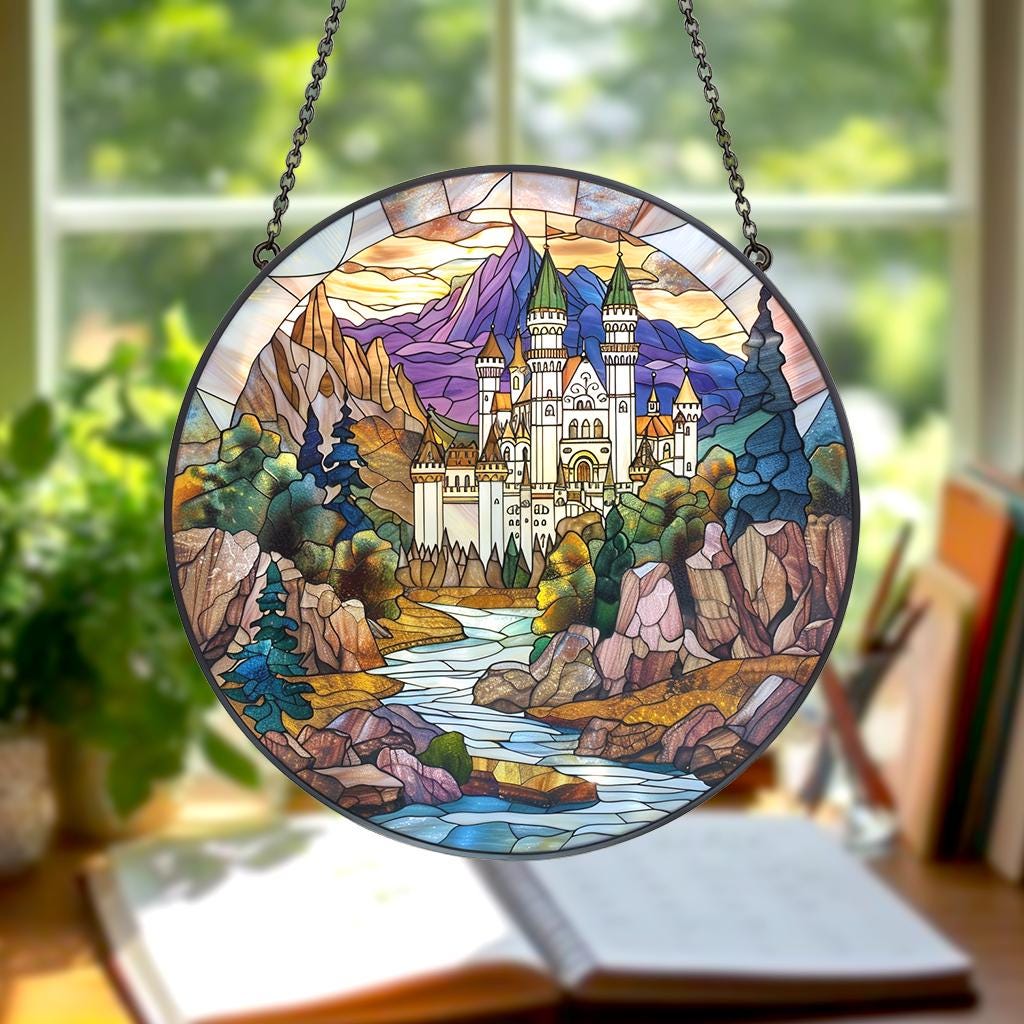 Wizard School Castle Acrylic Faux Stained Glass Suncatcher, Magical Castle Window Hanging for Fantasy Witchy & Movie Lovers