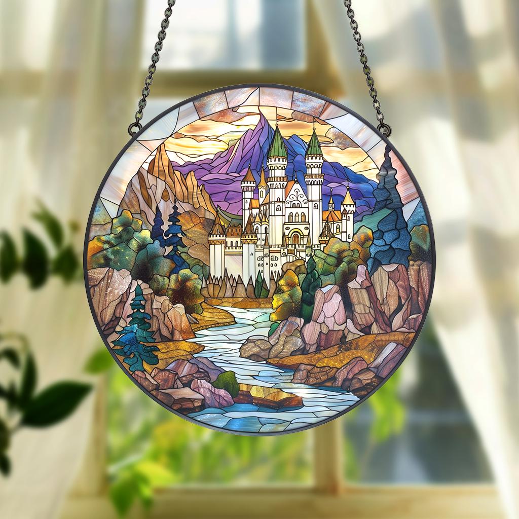 Wizard School Castle Acrylic Faux Stained Glass Suncatcher, Magical Castle Window Hanging for Fantasy Witchy & Movie Lovers
