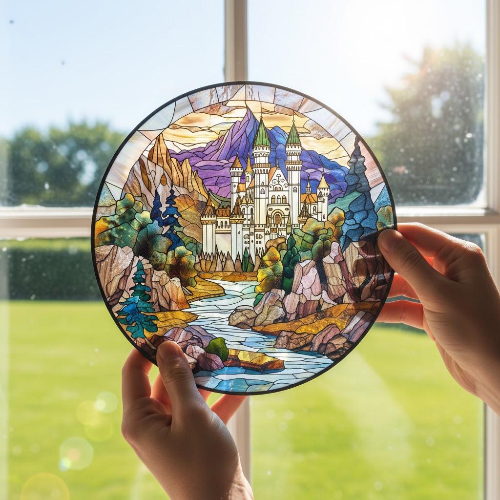 Wizard School Castle Acrylic Faux Stained Glass Suncatcher, Magical Castle Window Hanging for Fantasy Witchy & Movie Lovers