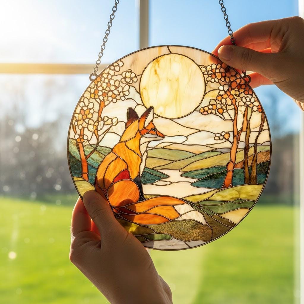 Fox Glass Suncatcher, Woodland Nursery Window Decor, Handmade Stained Glass Style Ornament, Cute Animal Gift