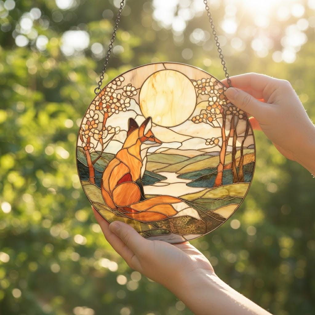 Fox Glass Suncatcher, Woodland Nursery Window Decor, Handmade Stained Glass Style Ornament, Cute Animal Gift