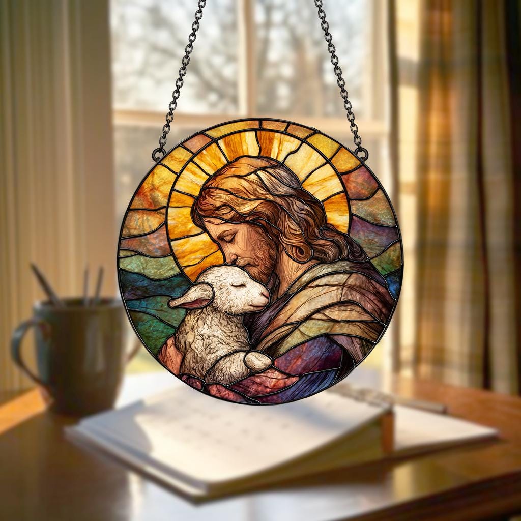 Jesus Holding Lamb Painted Stained Glass Suncatcher, Window Hanging Decor, Christian Wall Decor, Faith Art, Christmas Decor, Jesus Wall Art