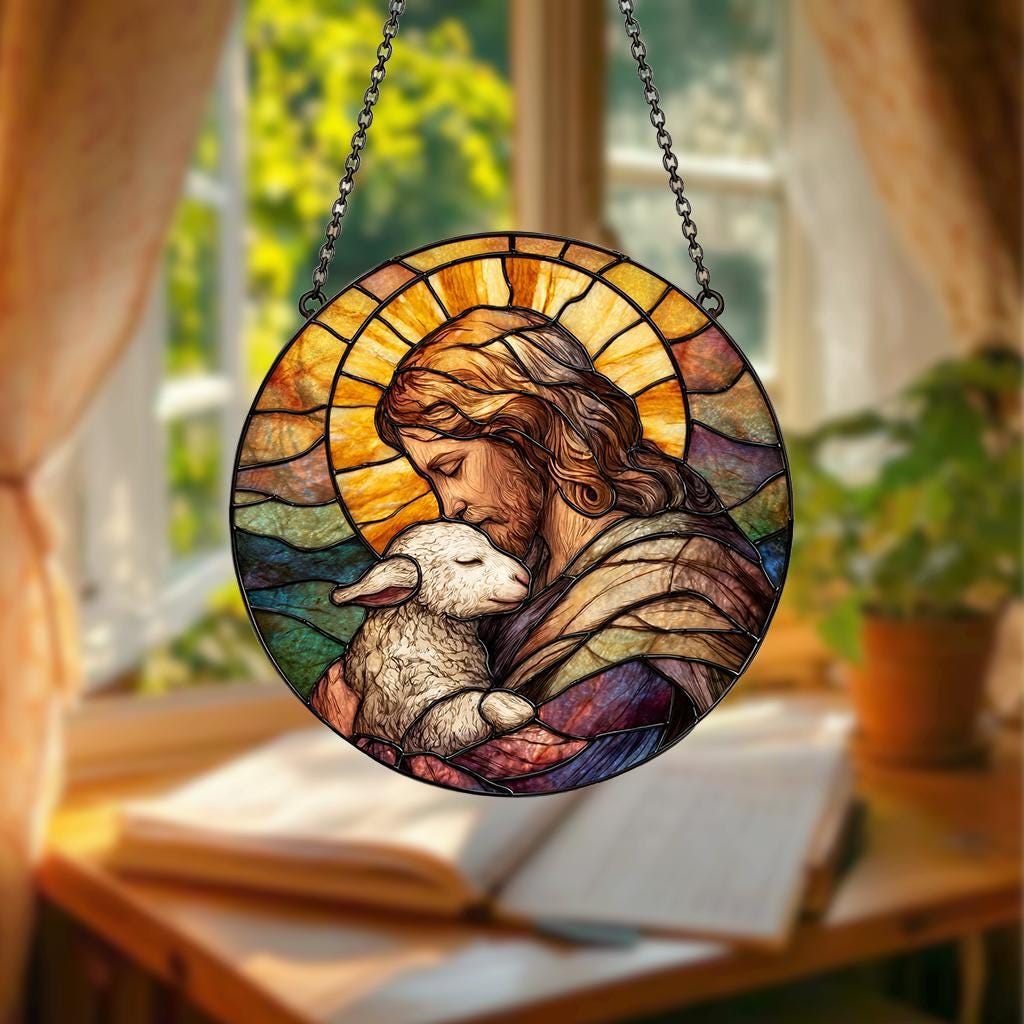 Jesus Holding Lamb Painted Stained Glass Suncatcher, Window Hanging Decor, Christian Wall Decor, Faith Art, Christmas Decor, Jesus Wall Art